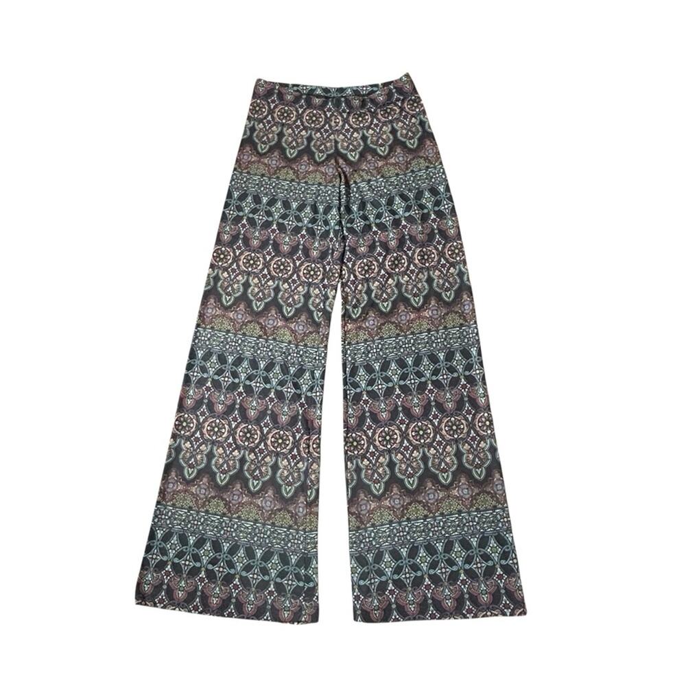 Viereck Wide-Leg Pants Size XS Black Multi Palazzo Bohemian Stretch Retro
